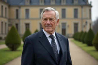Homme distingué en costume sombre devant un château de la Loire, évoquant la fortune et le patrimoine d'un personnage politique français influent
