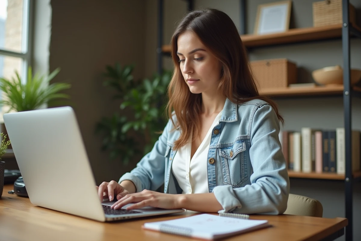 Jeune femme gérant son budget avec une carte prépayée La Poste sur son ordinateur à domicile