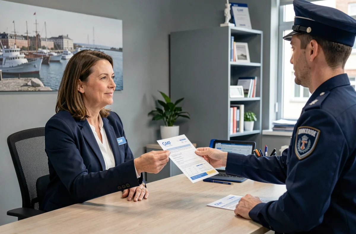 Une conseillère GMF remettant un contrat à un fonctionnaire dans l'agence de Dunkerque