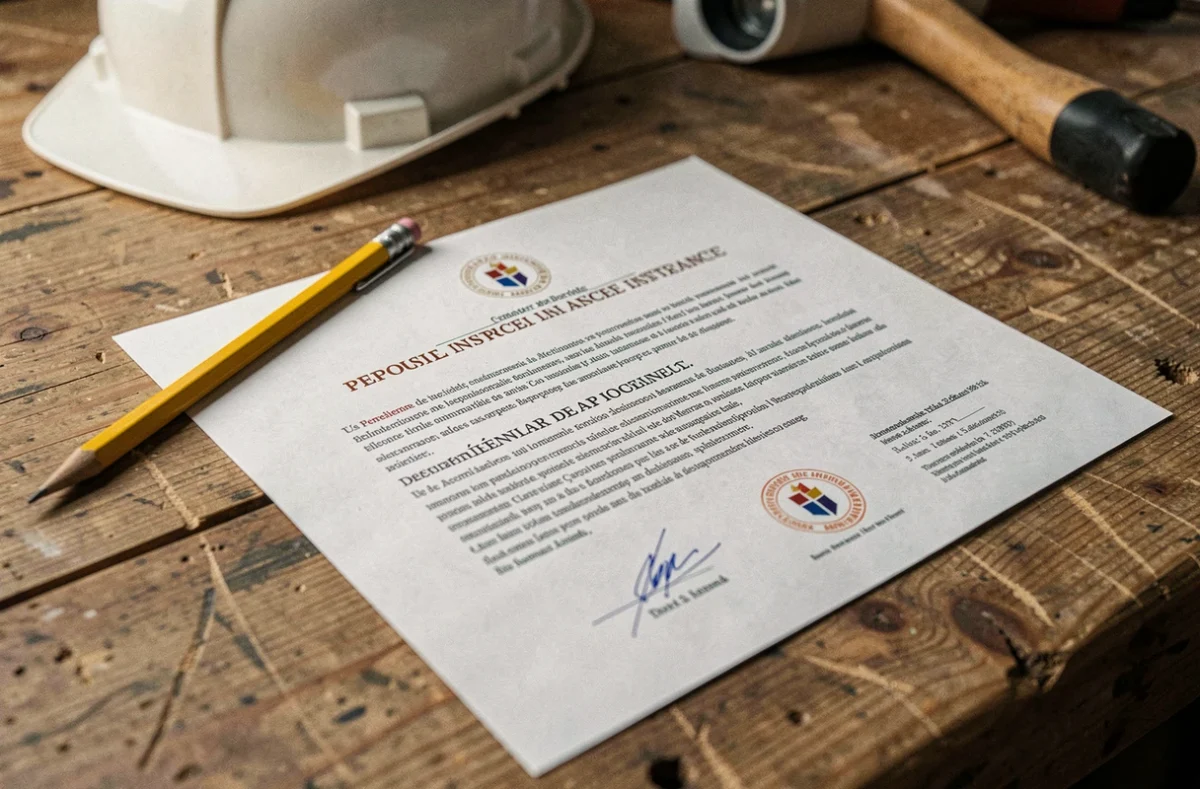 Gros plan d'une attestation décennale posée sur un établi de chantier avec crayon et casque en arrière-plan