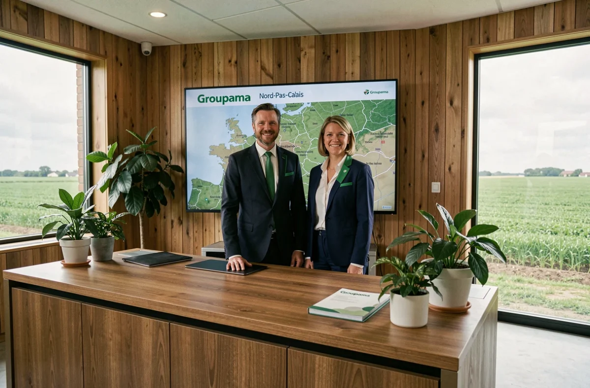 Deux conseillers Groupama Nord devant une carte de la région avec vue sur les plaines du Nord