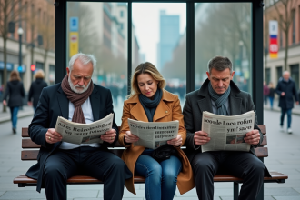 Groupe d'adultes lisant journaux à un arrêt de bus urbain