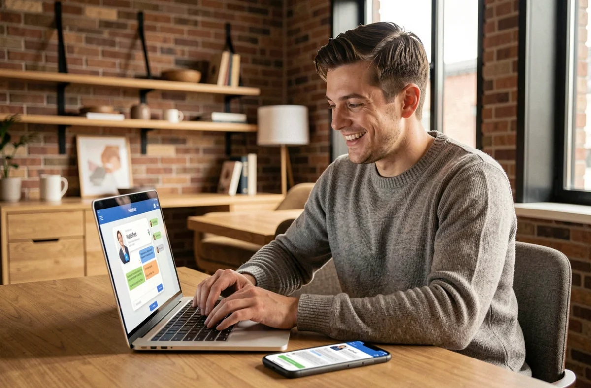 Jeune homme utilisant le service de courtage digital HelloPrêt depuis son domicile pour un prêt immobilier