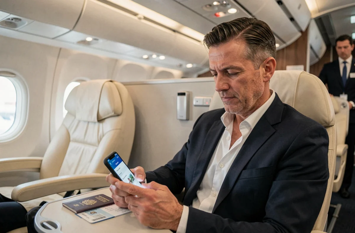 Homme d'affaires en classe affaires consultant une application d'assurance voyage sur smartphone