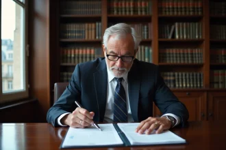 Homme d'affaires consultant des documents financiers dans une salle de réunion parisienne