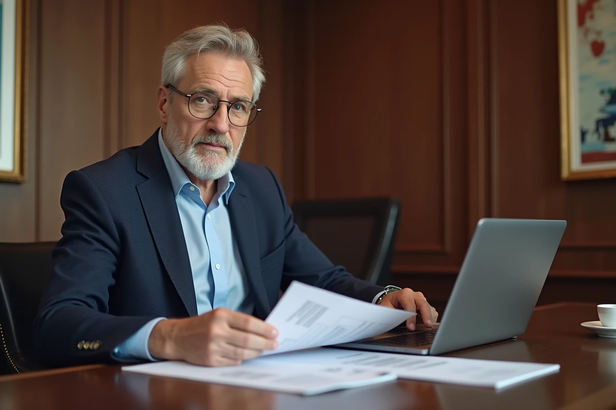 Homme d'affaires mature consultant des documents financiers dans une salle de réunion luxueuse, évoquant les revenus et la gestion de patrimoine