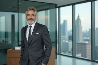 Homme d'affaires élégant en costume gris dans un bureau moderne avec vue sur la ville, illustrant la fortune et le succès financier