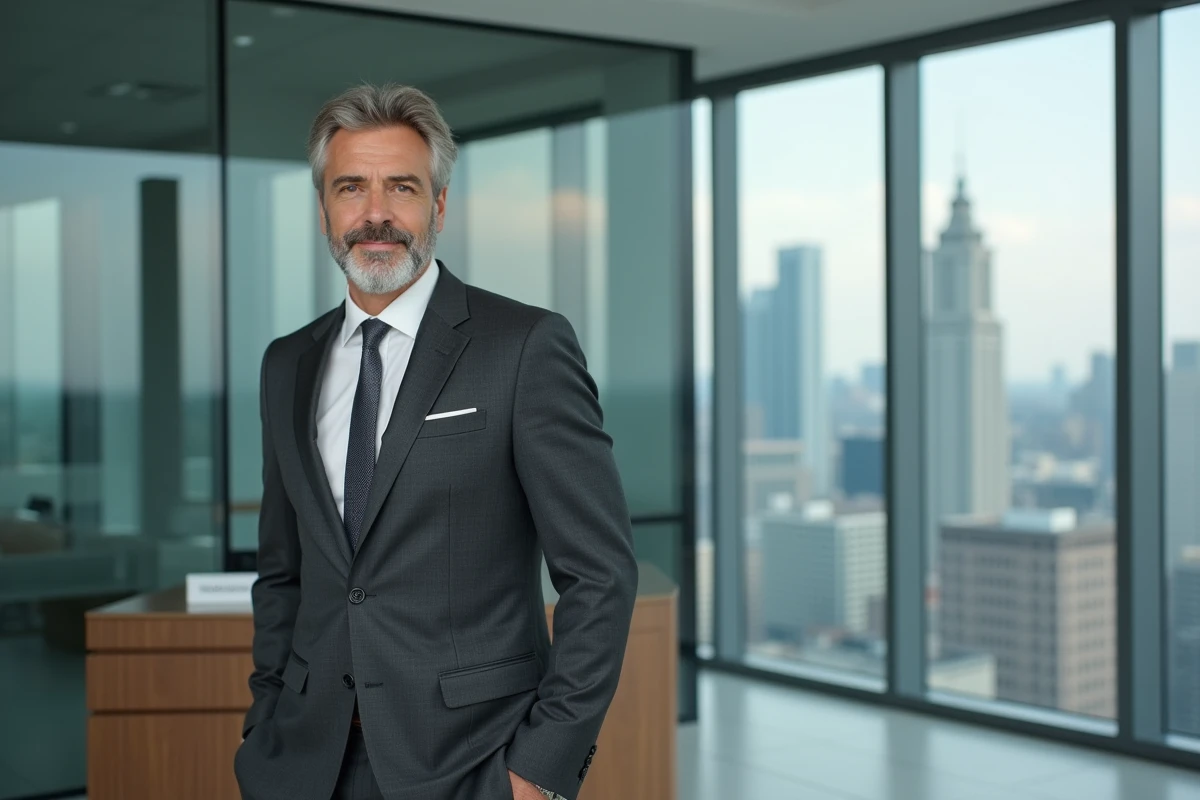 Homme d'affaires élégant en costume gris dans un bureau moderne avec vue sur la ville, illustrant la fortune et le succès financier