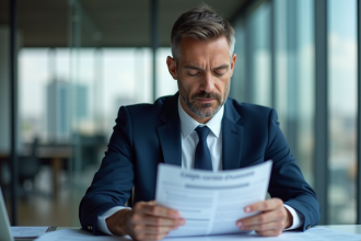 Homme d'affaires en costume bleu examine un document comptable