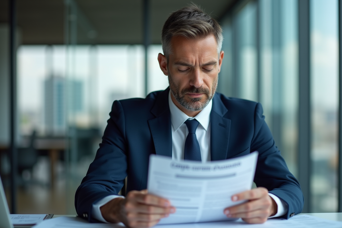 Homme d'affaires en costume bleu examine un document comptable