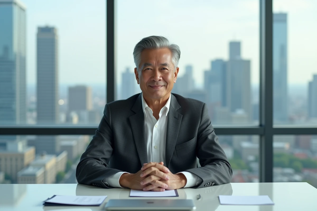 Homme d'affaires médiatique en salle de réunion avec vue sur skyline urbain