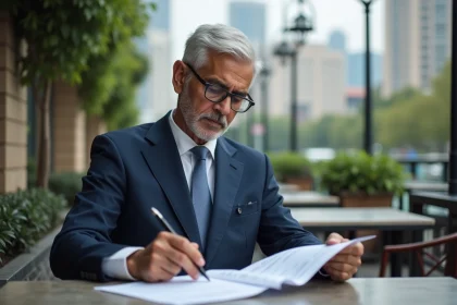 Homme d'affaires indien en costume bleu dans un café moderne