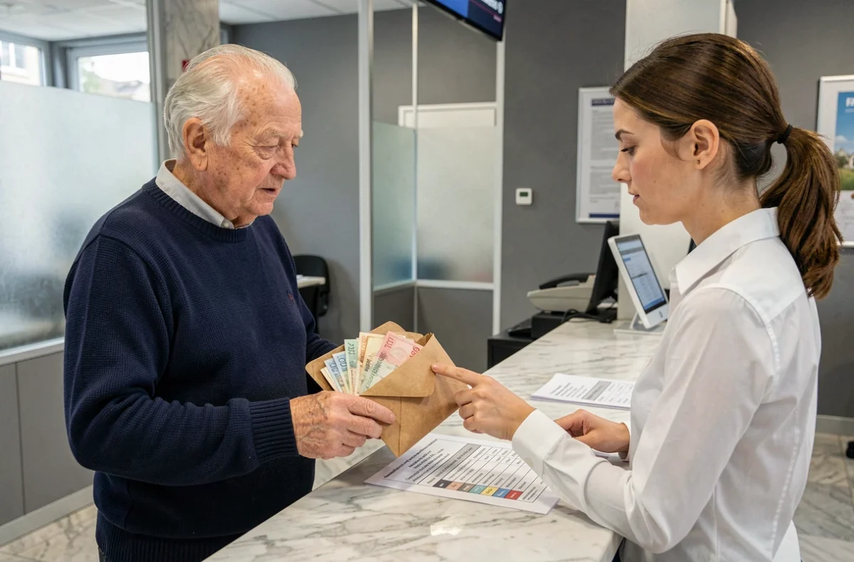 Un homme âgé présentant d'anciens francs français à un guichetier bancaire consultant un tableau de conversion en euros