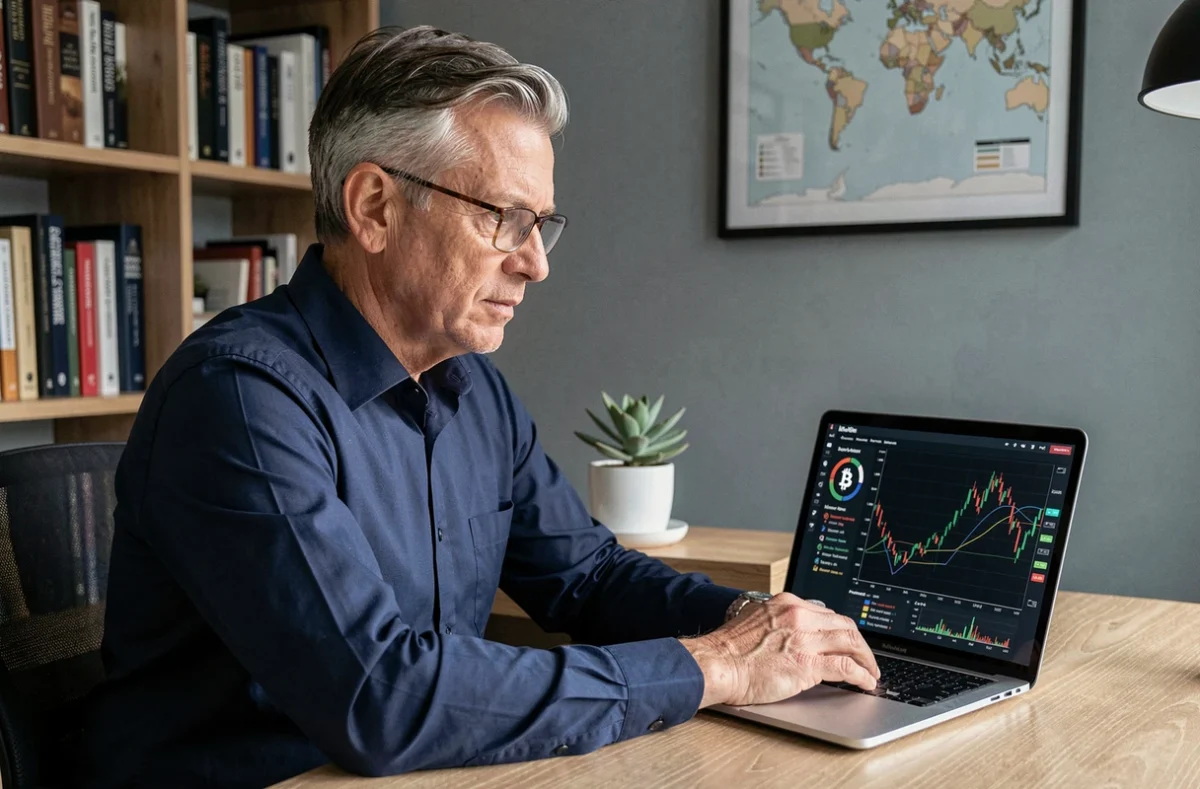 Homme analysant des graphiques de prévision Bitcoin et d'inflation sur un ordinateur portable dans un bureau moderne
