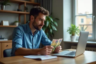 Homme d'une trentaine examinant des billets de banque
