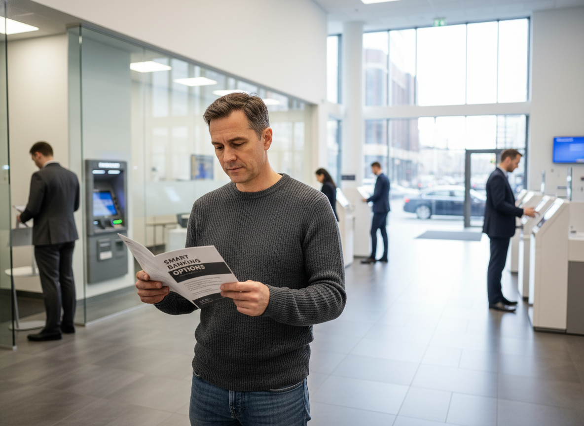 Homme lisant une brochure bancaire dans une agence moderne
