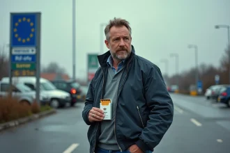 Homme belge regardant la frontière avec cigarette à la main