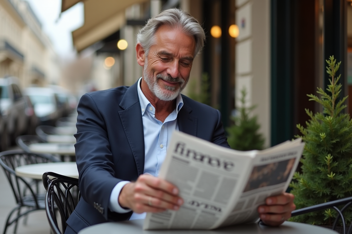 Homme en tenue casual lisant journal sur terrasse parisienne