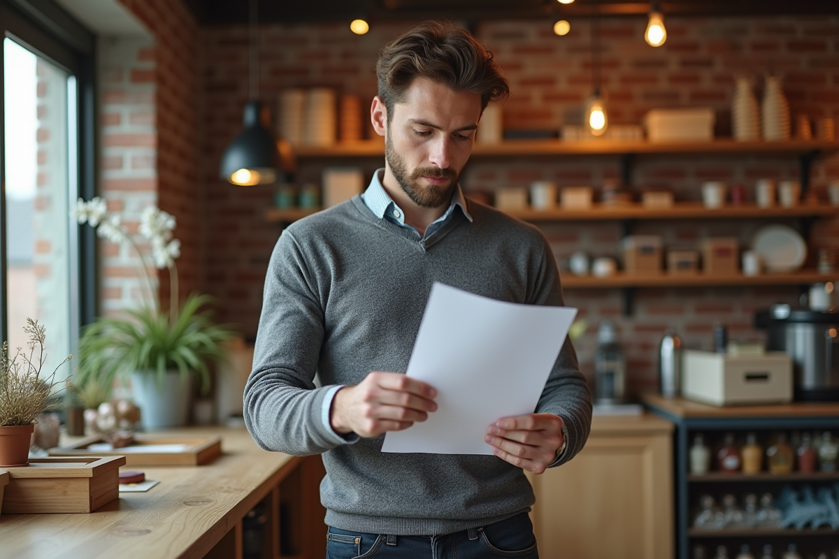 Jeune homme vérifiant un formulaire de TVA dans une boutique