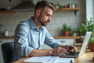 Homme d'âge moyen vérifiant ses relevés bancaires à la maison