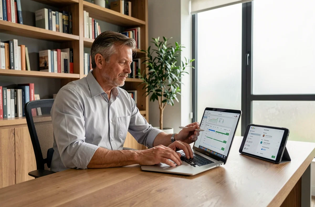 Homme configurant les notifications de son espace BNP Banque Privée sur laptop et tablette à domicile
