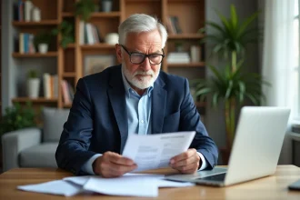 Homme d'âge moyen examinant des documents d'assurance à la maison