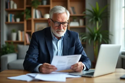 Homme d'âge moyen examinant des documents d'assurance à la maison