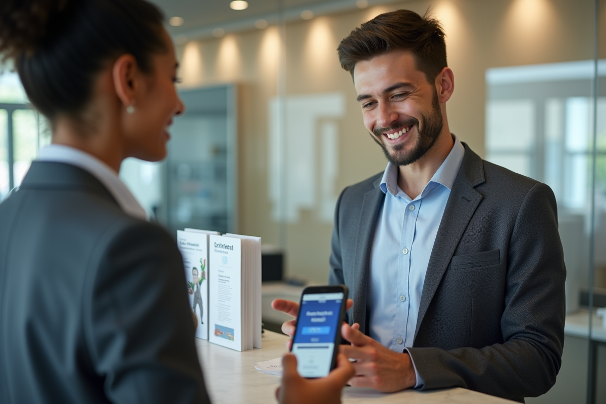 Homme montrant une offre de pret PayPal au guichet bancaire