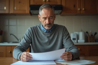 Homme d'âge moyen étudiant des papiers dans sa cuisine