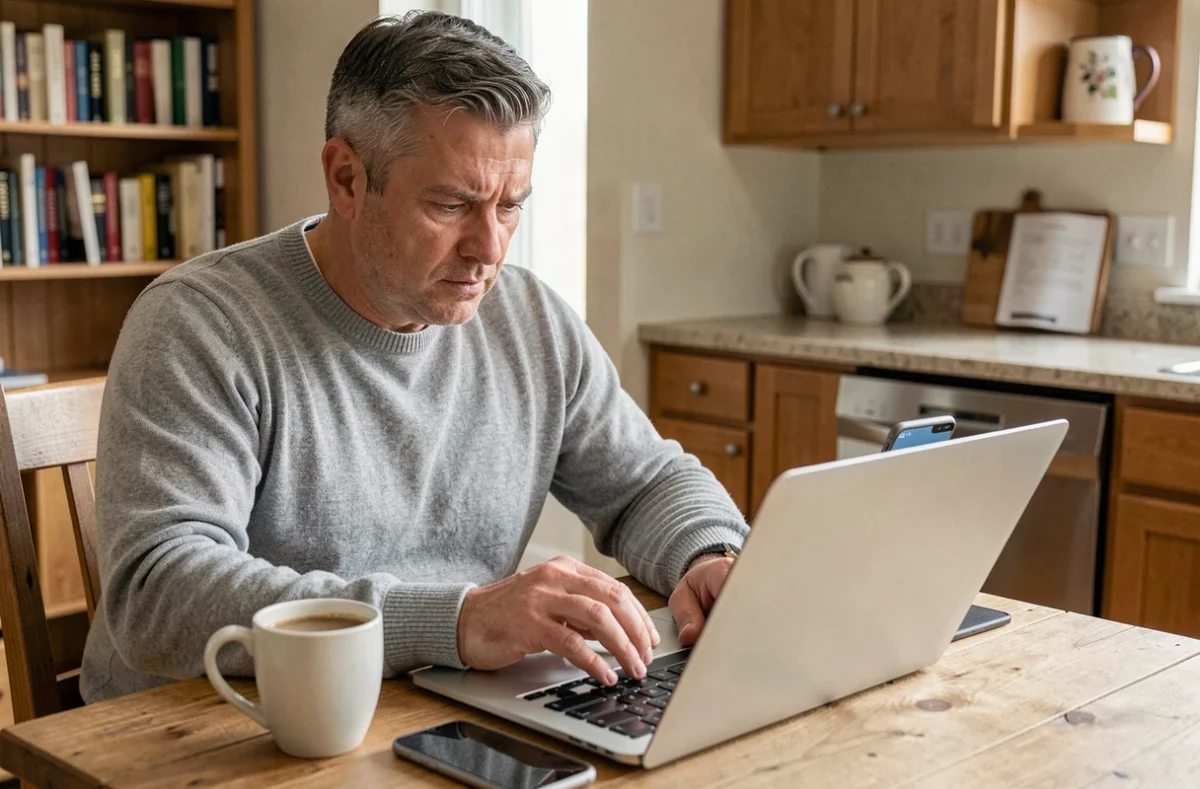 Homme à domicile consultant son application bancaire OLINDA sur laptop et smartphone pour évaluer la fiabilité du service