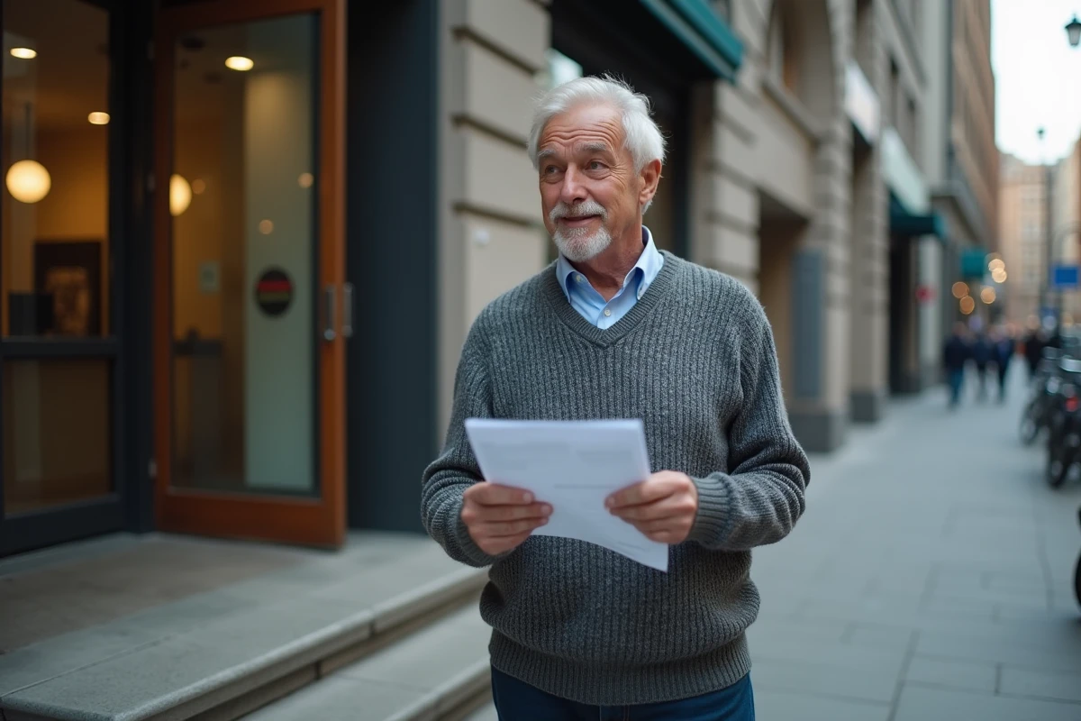 Homme âgé regardant des formulaires devant une agence