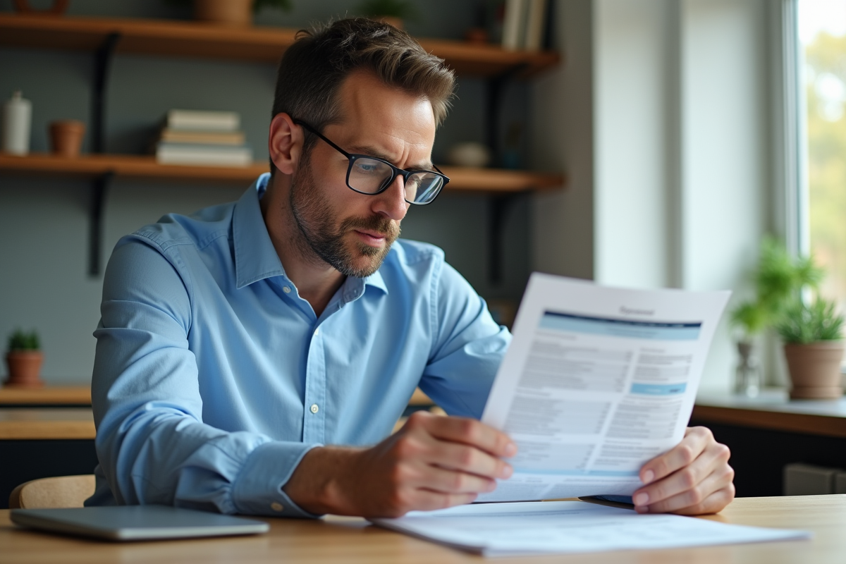 Homme en chemise bleue examine un relevé financier dans la cuisine