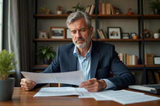 Homme d age en costume examine documents de retraite