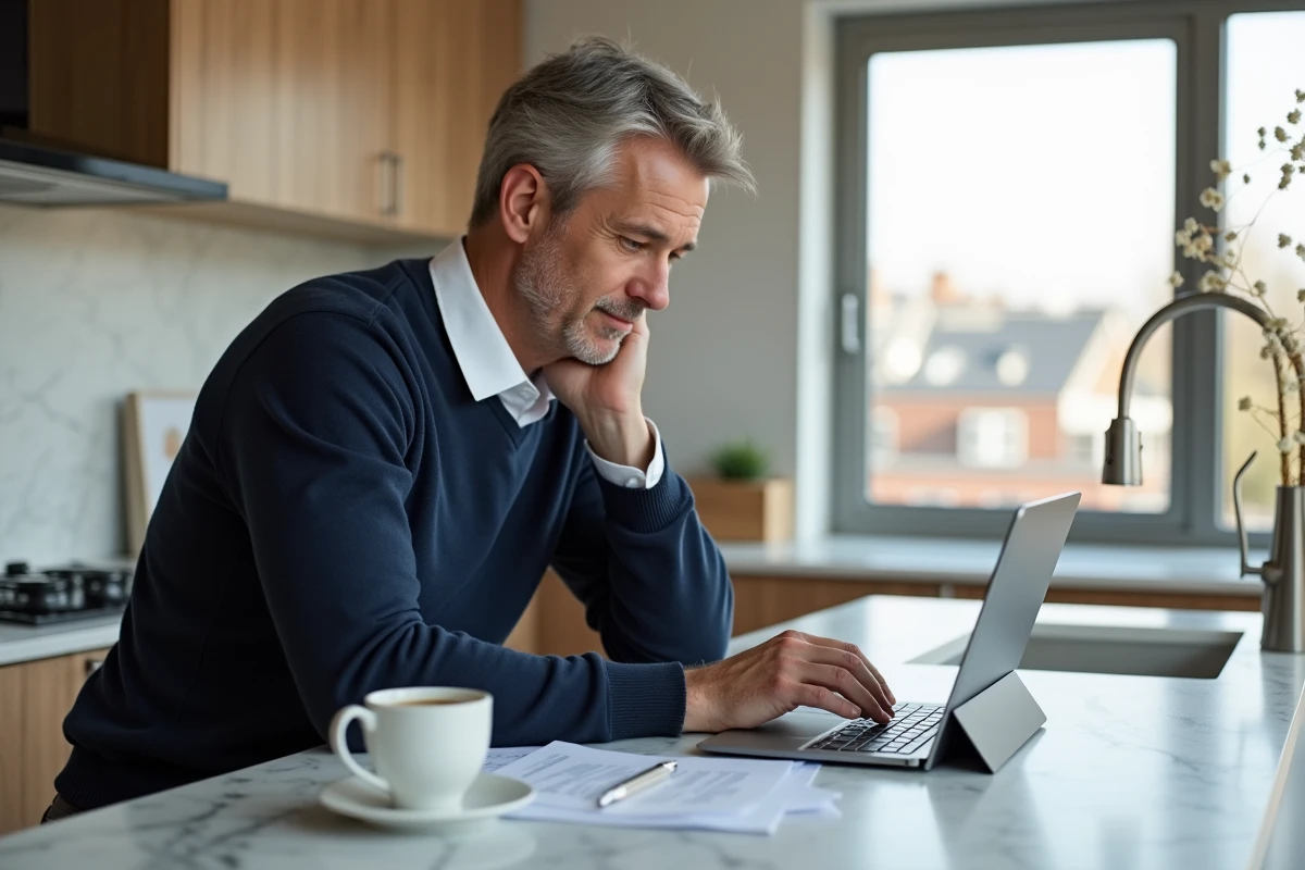 Homme d age moyen travaillant sur une tablette dans la cuisine