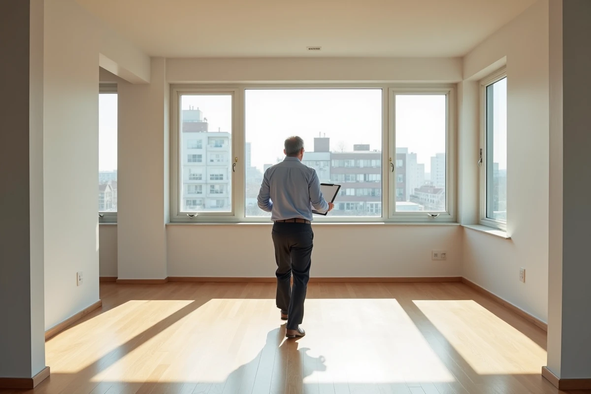 Homme inspectant un appartement vide et rénové
