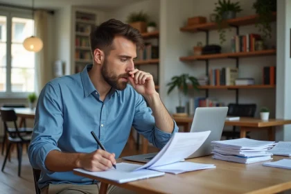 Homme en tenue décontractée examine des documents fiscaux français