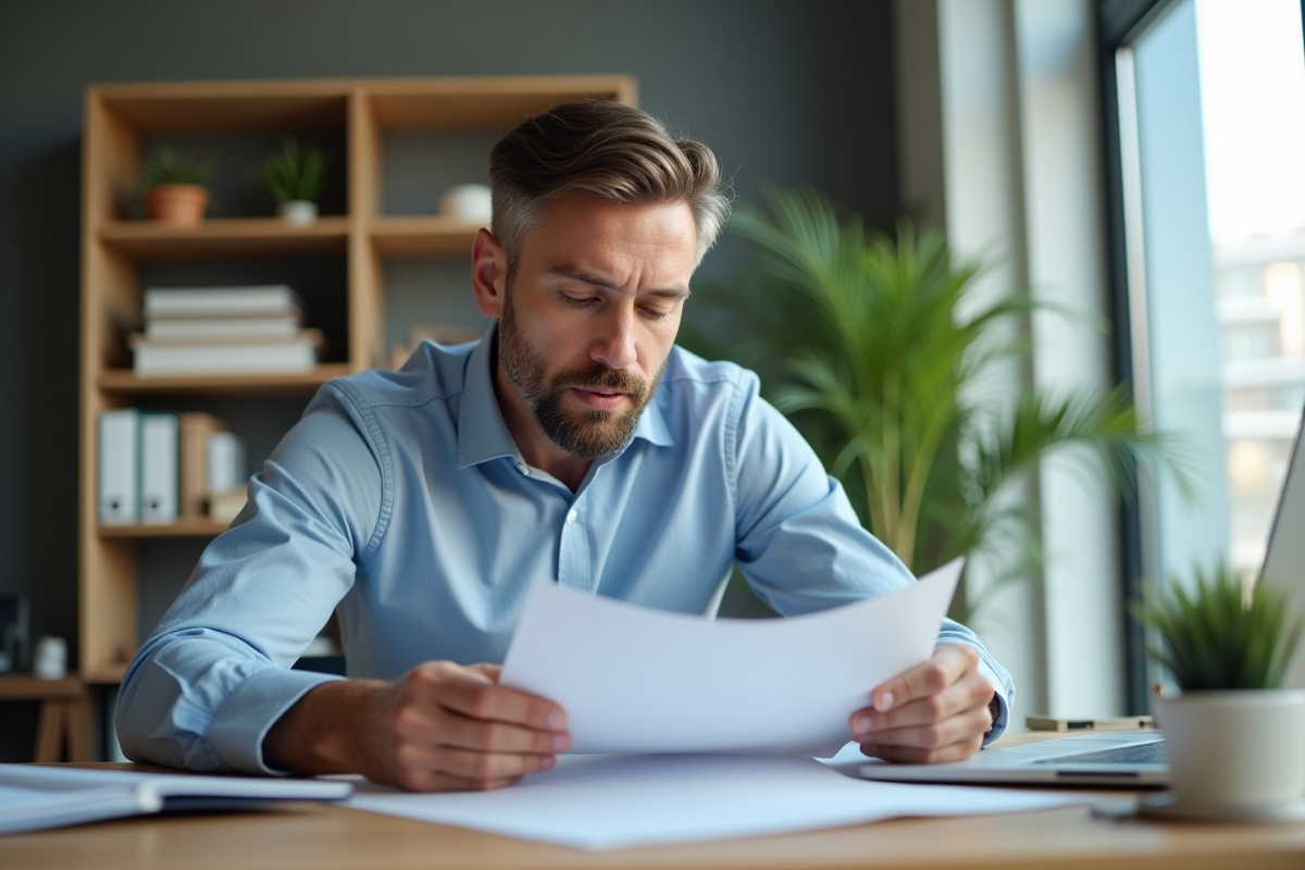 Homme d affaires examine des documents immobiliers à son bureau
