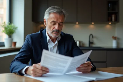 Homme d'âge moyen lisant un livret A dans une cuisine urbaine