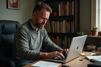 Homme d'âge moyen avec ordinateur et logo Bitcoin