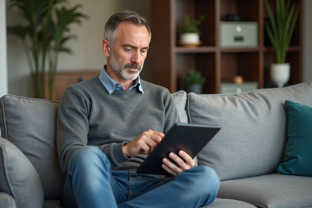 Homme assis sur un canapé utilisant une tablette