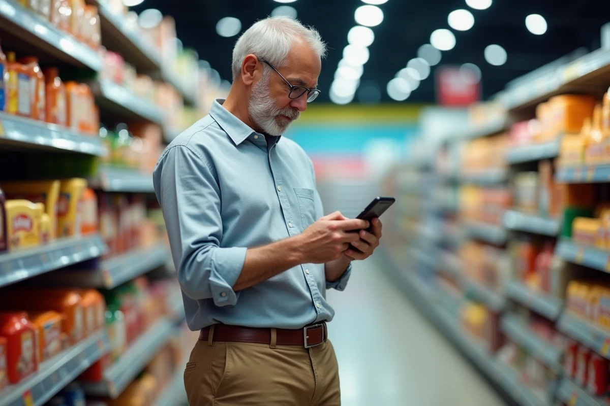 Homme scannant un produit en supermarché avec son smartphone
