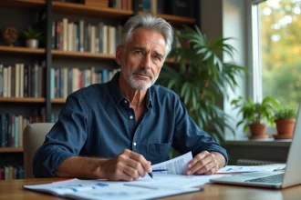 Homme de 58 ans préparant sa retraite en bourse avec des graphiques boursiers imprimés dans un bureau à domicile