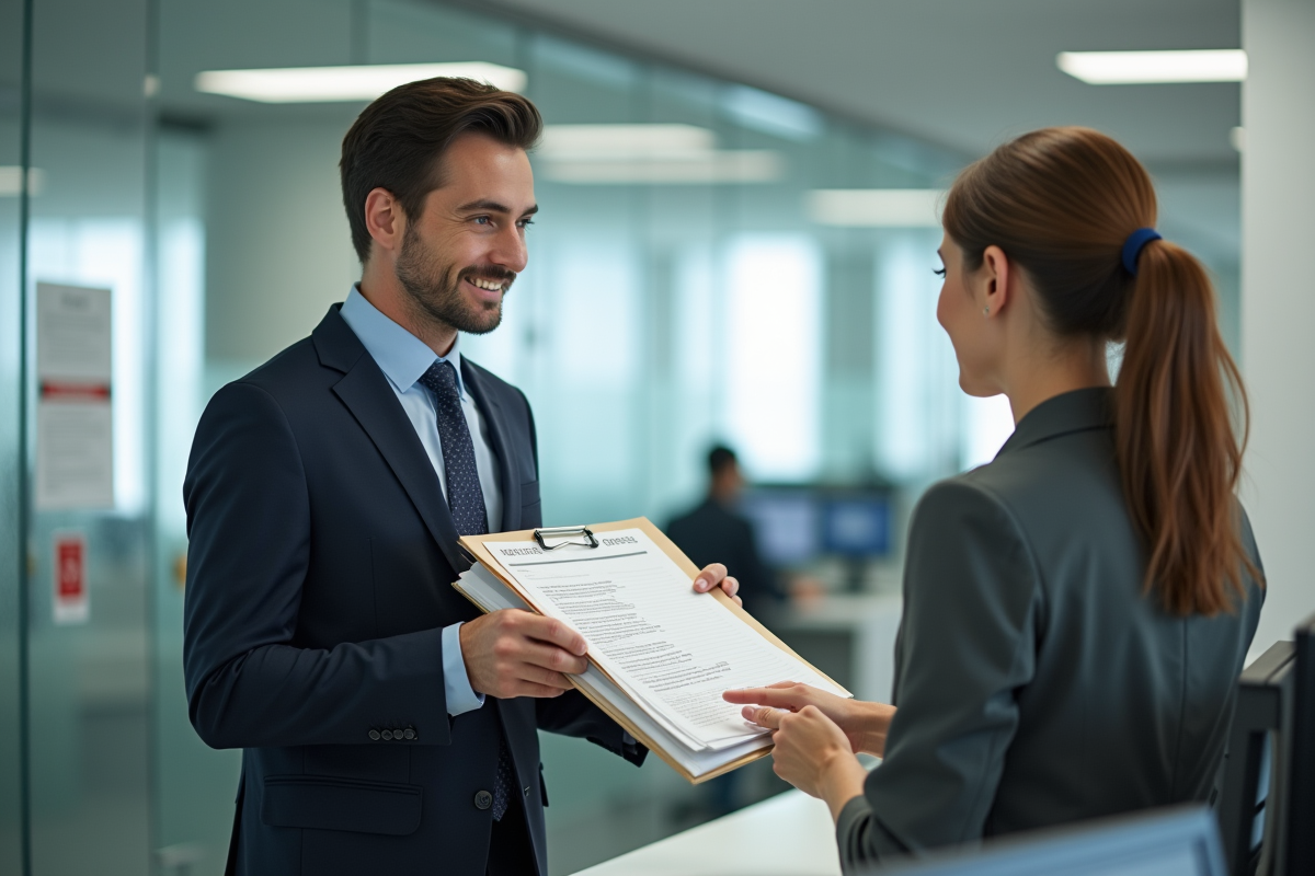 Jeune homme en costume remet des formulaires à une employée dans un bureau moderne