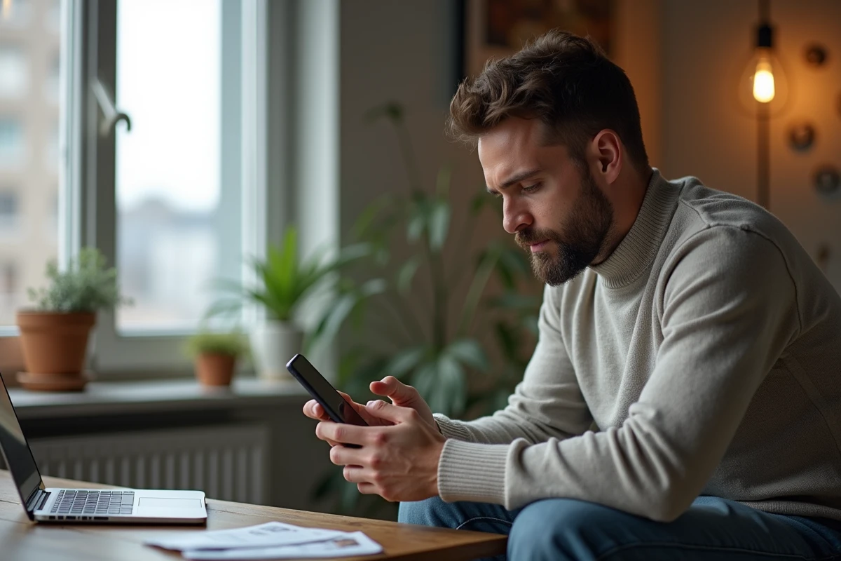 Homme utilisant son smartphone pour vérifier un transfert bancaire