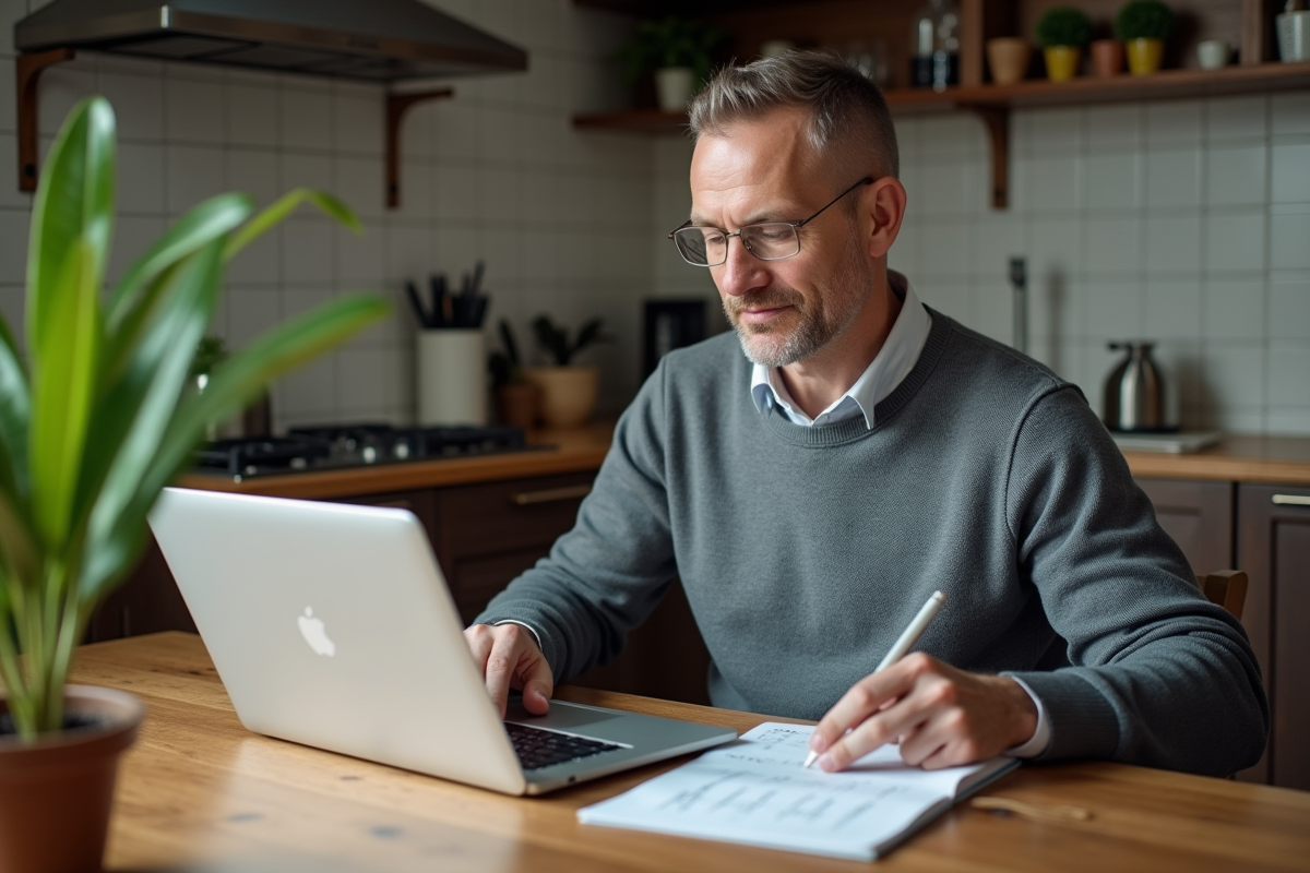 Homme travaillant sur un ordinateur dans une cuisine chaleureuse