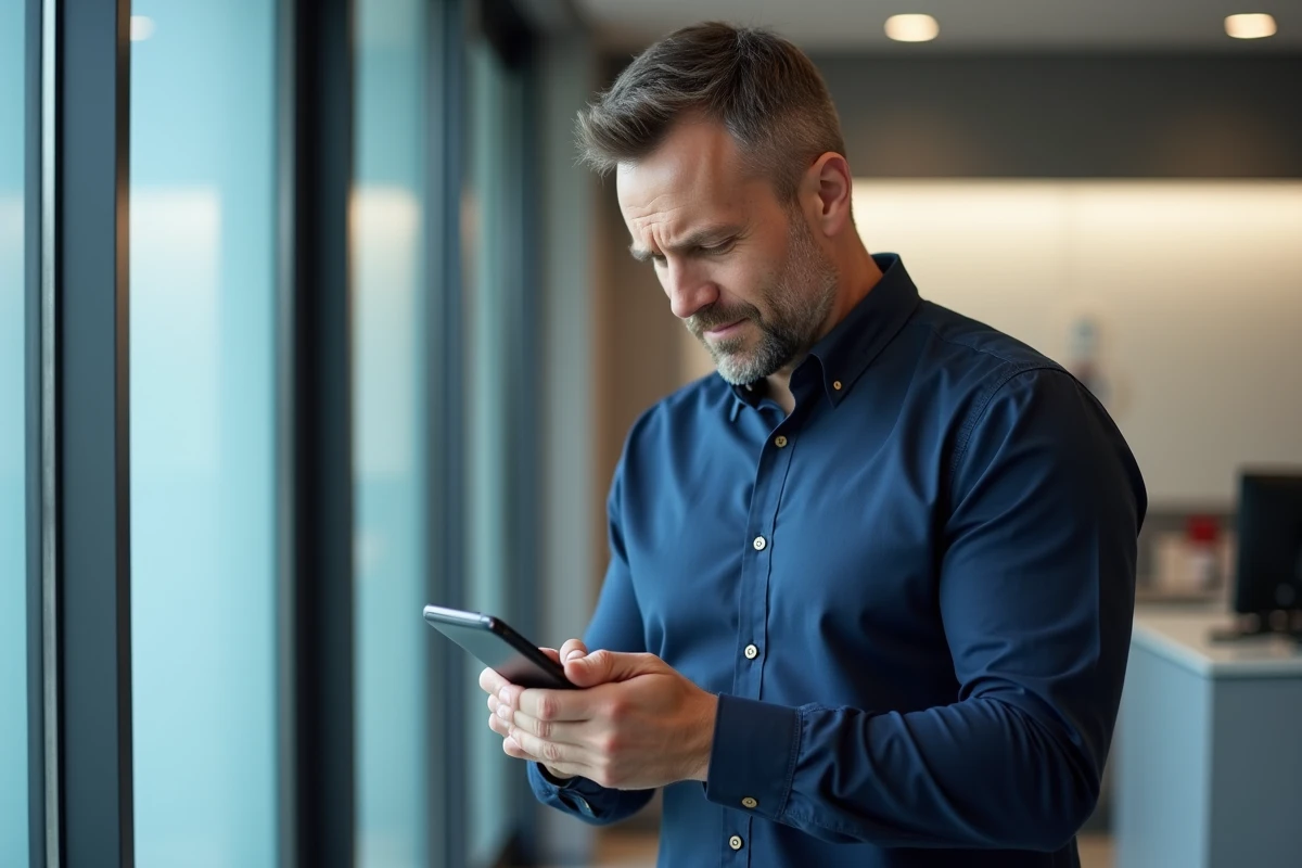 Homme consultant son application bancaire CA56 en agence après avoir oublié son identifiant
