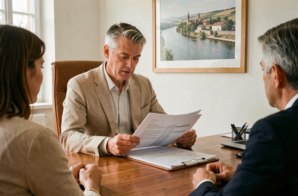 Un conseiller IMMOFINANCES Bergerac examine un dossier de prêt immobilier avec un couple dans son agence de Bergerac
