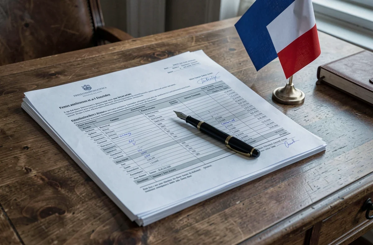 Documents officiels et tableau des indemnités de maire posés sur un bureau en chêne dans un bureau parisien administratif