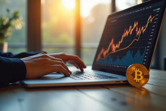 Jeune investisseur étudiant une tendance haussiere sur son ordinateur avec une pièce Bitcoin