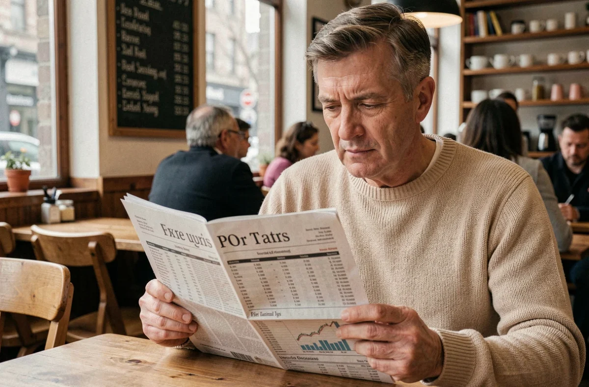 Investisseur particulier lisant la presse financière dans un café, analysant les risques et opportunités des actions en bourse